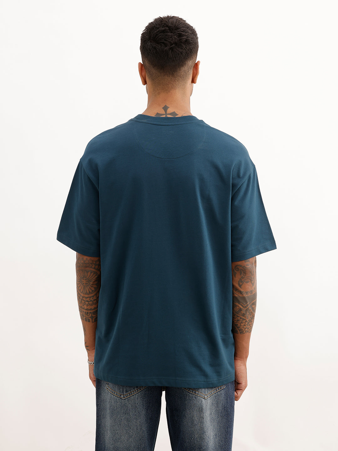 Oversized Placement Foil Printed T-Shirt | Dark Blue