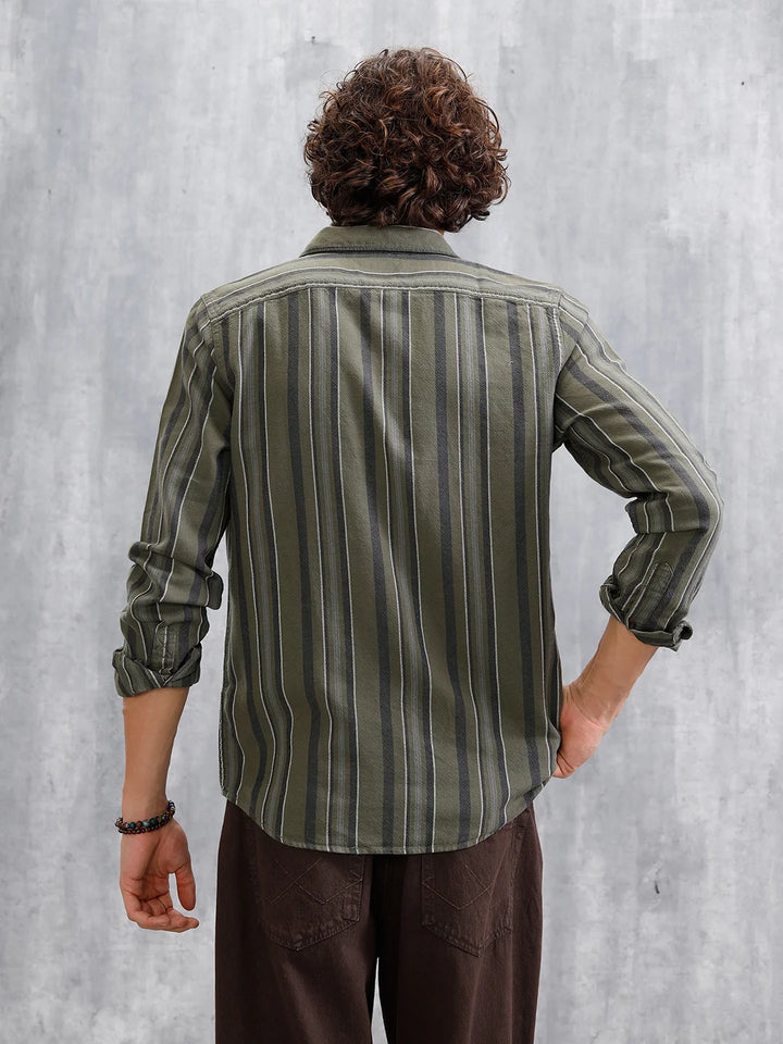 Textured Stripes Slim Fit Shirt | Olive