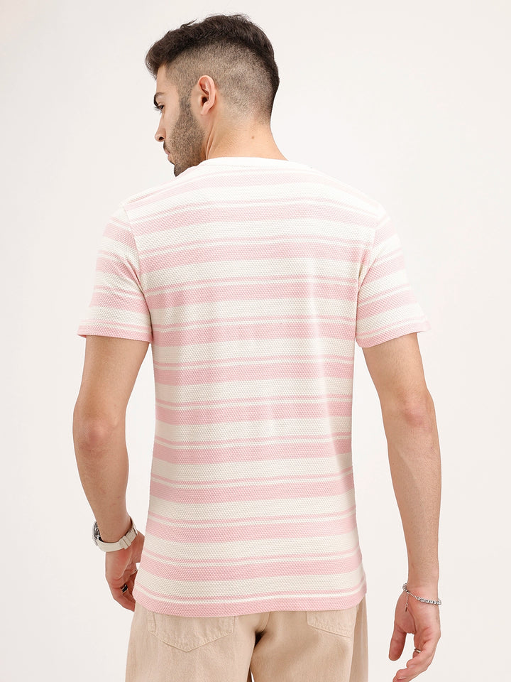 Slim Fit Textured Striped T-Shirt | Pink