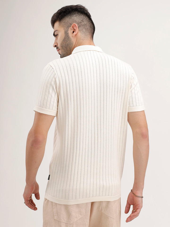 Slim Fit Textured Half Sleeve Shirt | Off White