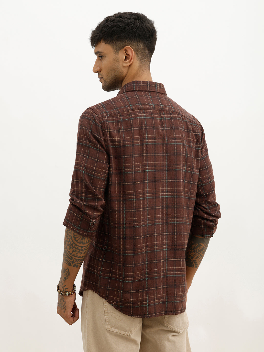 Slim Fit Checkered Full Sleeve Shirt | Brown