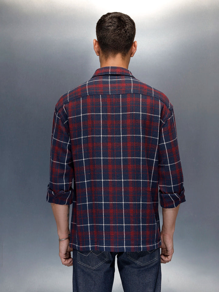 Men's Casual Oversized Fit Checkered Pattern Shirt | Navy Blue