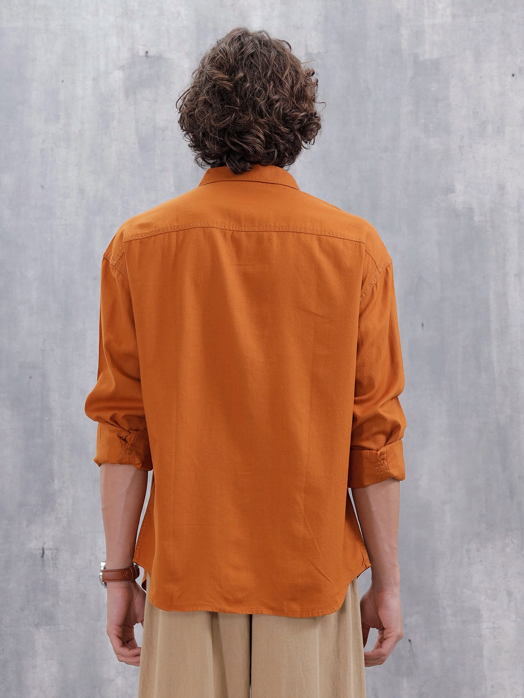 Men's Casual Solid Double Pocket Oversized Fit Shirt | Orange