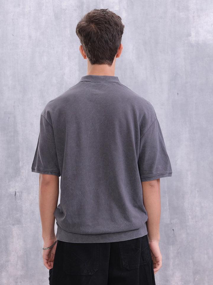 Retro Washed Oversized Fit Polo Collar T-shirt | Charcoal