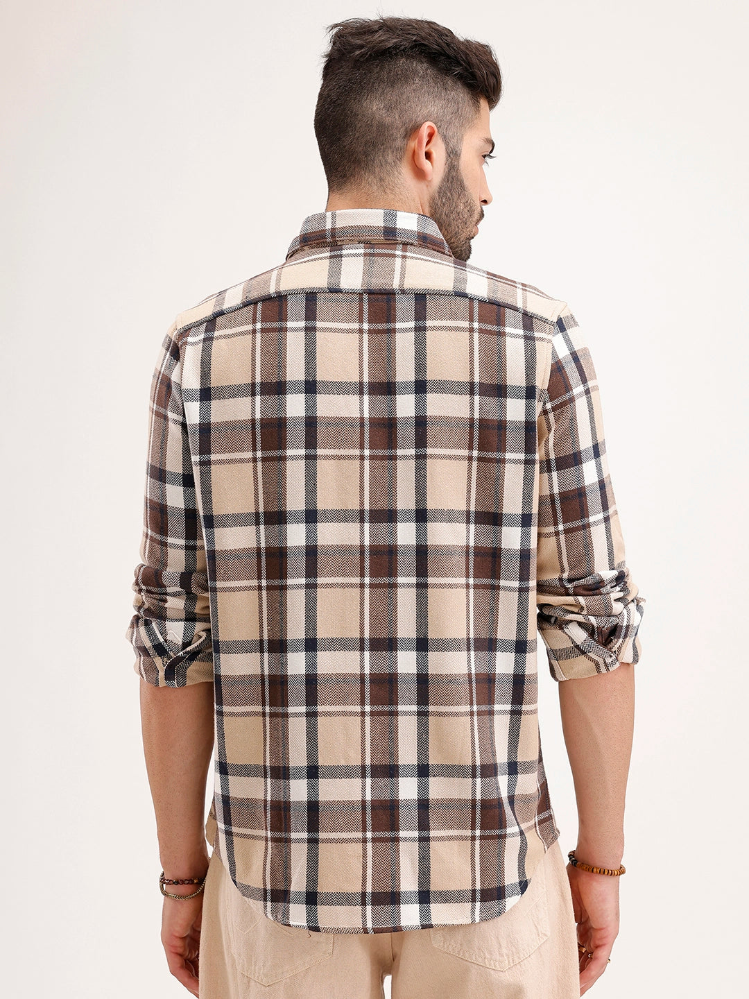 Slim Fit Herringbone Checkered Shirt | Brown