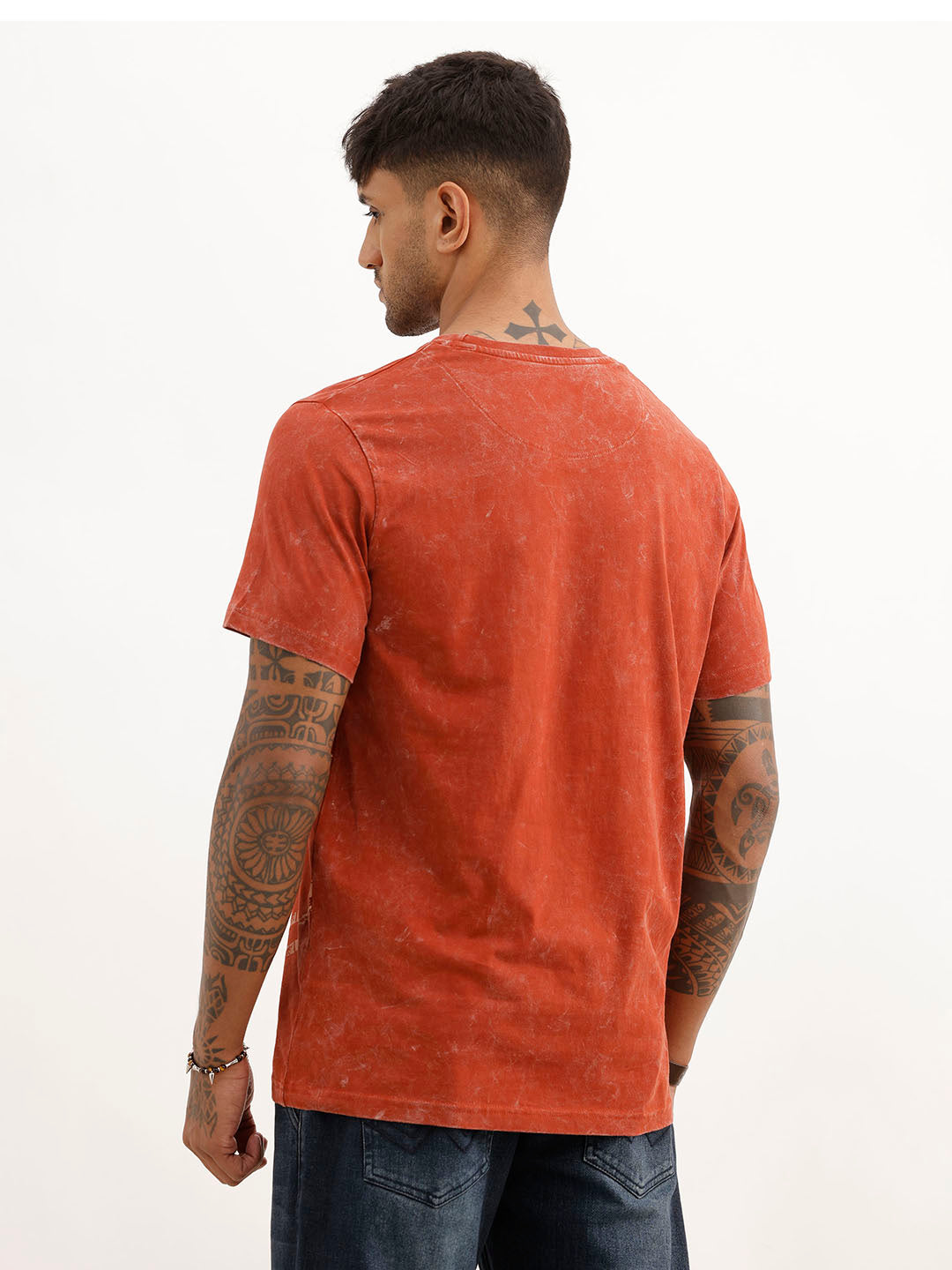 Slim Fit Washed Placement Printed T-Shirt | Rust