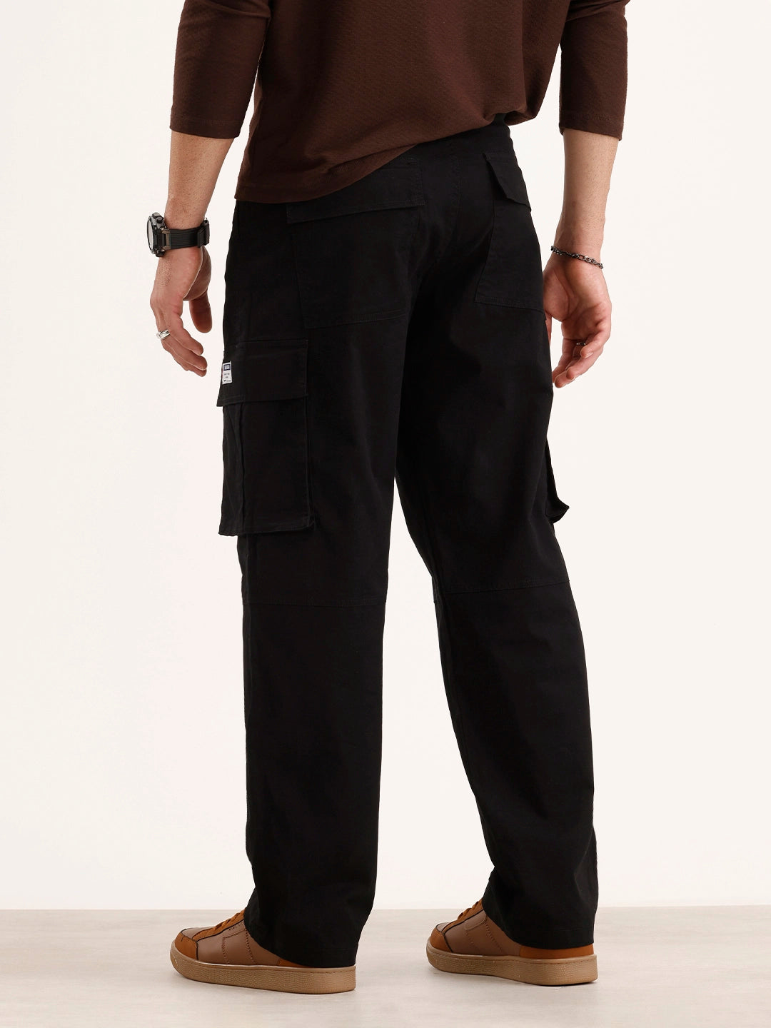 Solid Loose Fit Cargo Trouser | Black