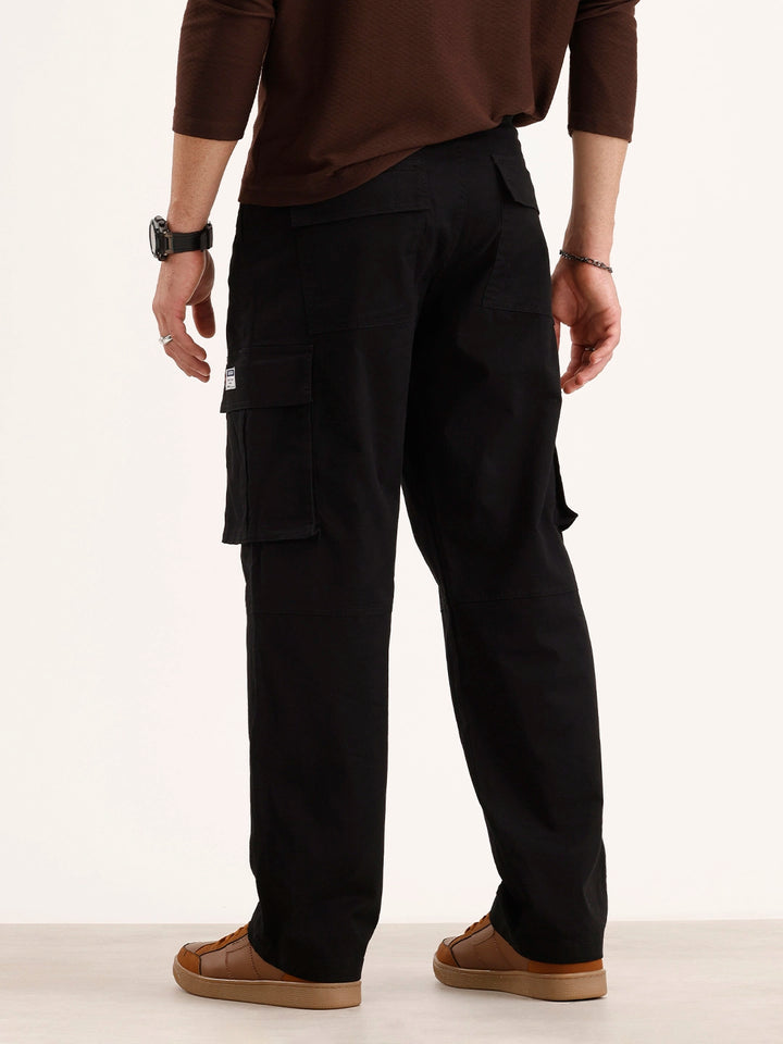 Solid Loose Fit Cargo Trouser | Black