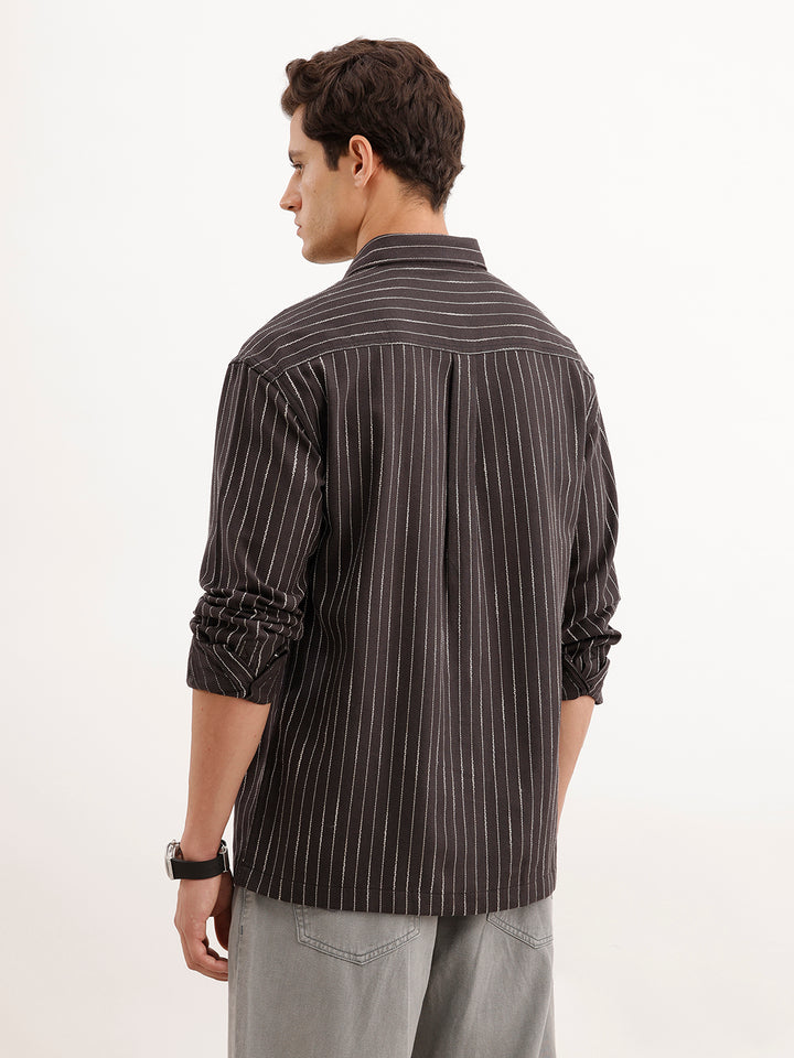 Oversized Fit Striped Double Pocket Shirt  | Black