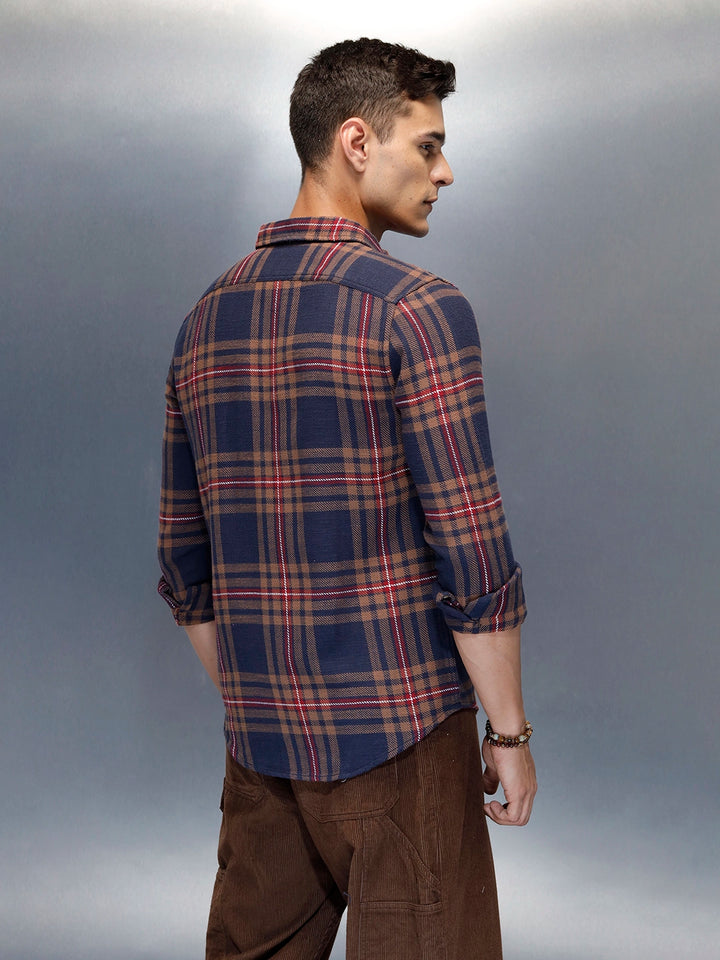 Men's Casual Slim Fit Checkered Pattern Shirt | Navy Blue