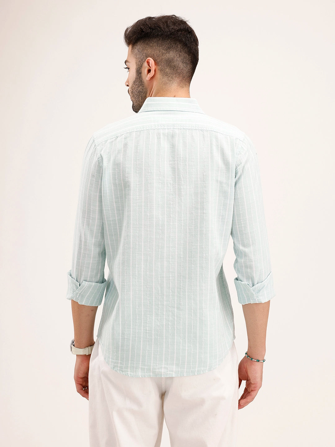 Textured Slim Fit Striped Shirt | Light Green