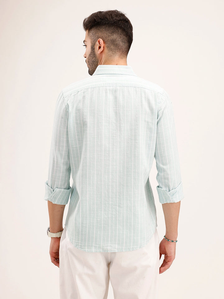 Textured Slim Fit Striped Shirt | Light Green