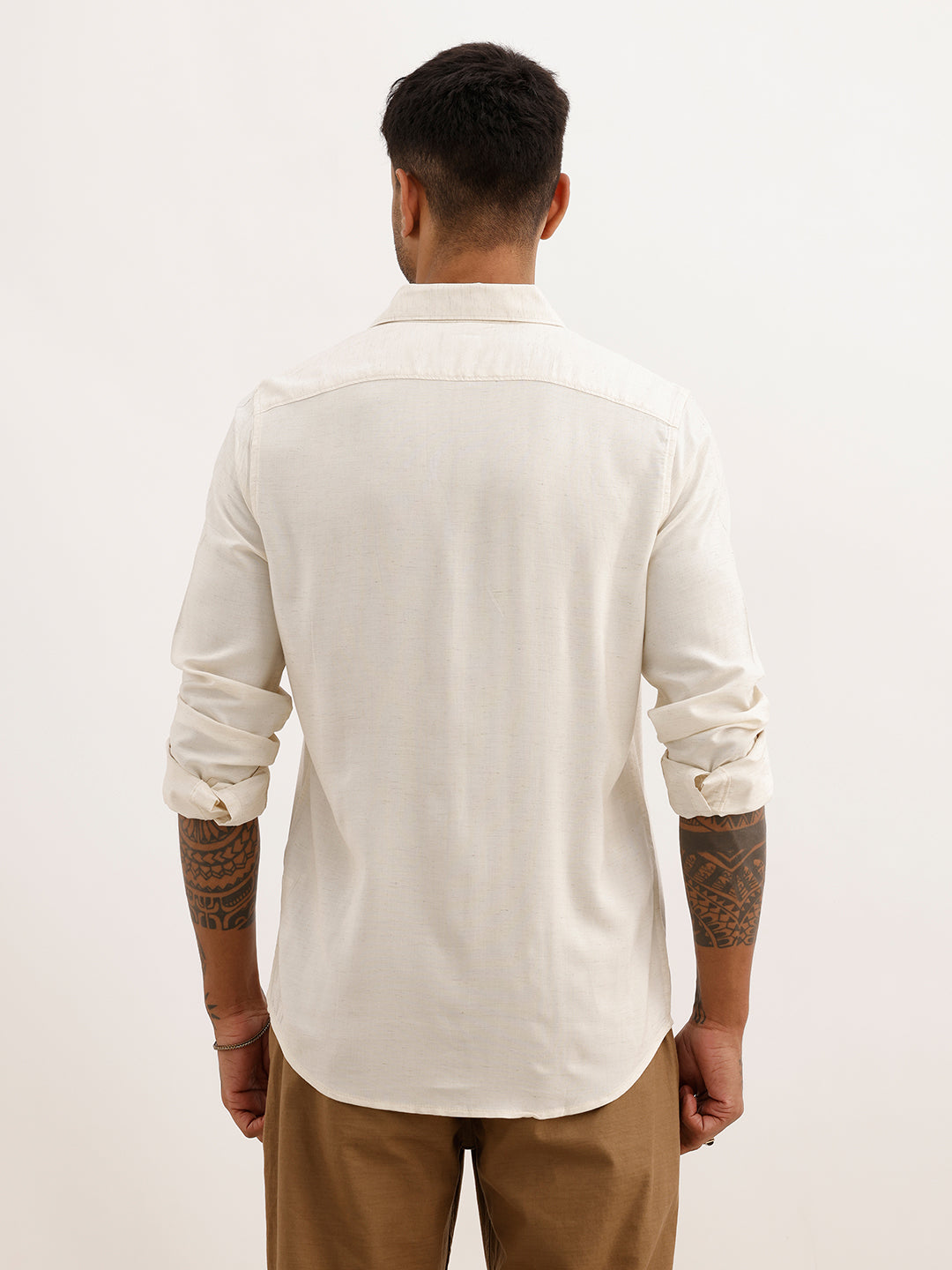 Solid Linen Blend Full Sleeve Shirt | Cream