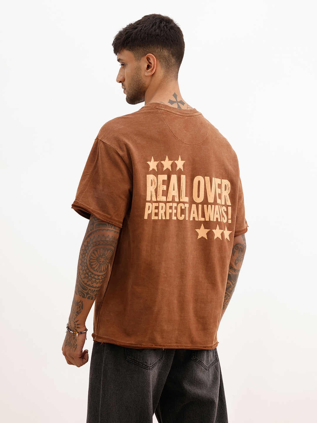 Oversized Washed Back Printed T-Shirt | Brown | WTS02HSOS1077S