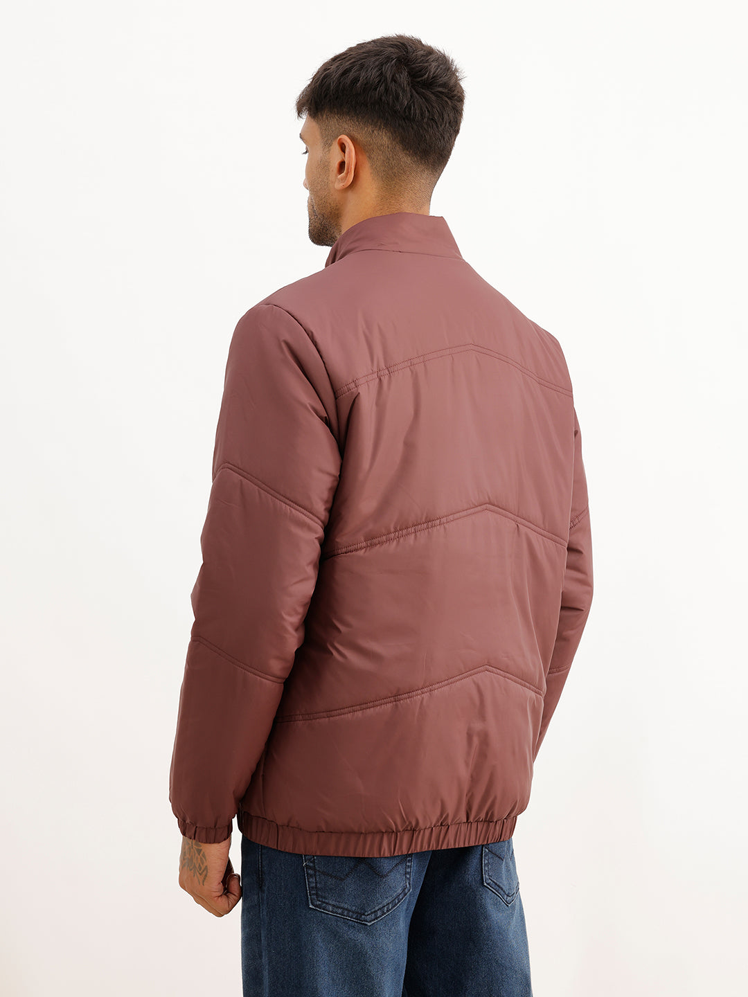 Solid Regular Fit Puffer Jacket | Wine