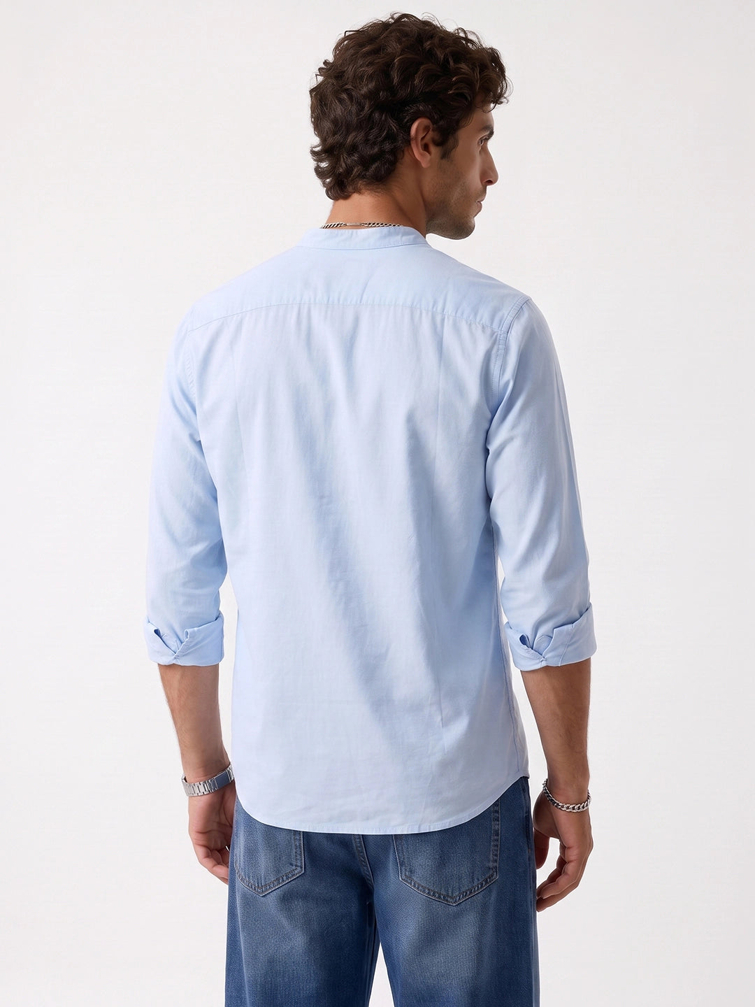 Solid Slim Fit Mandrin Collar Shirt | Blue