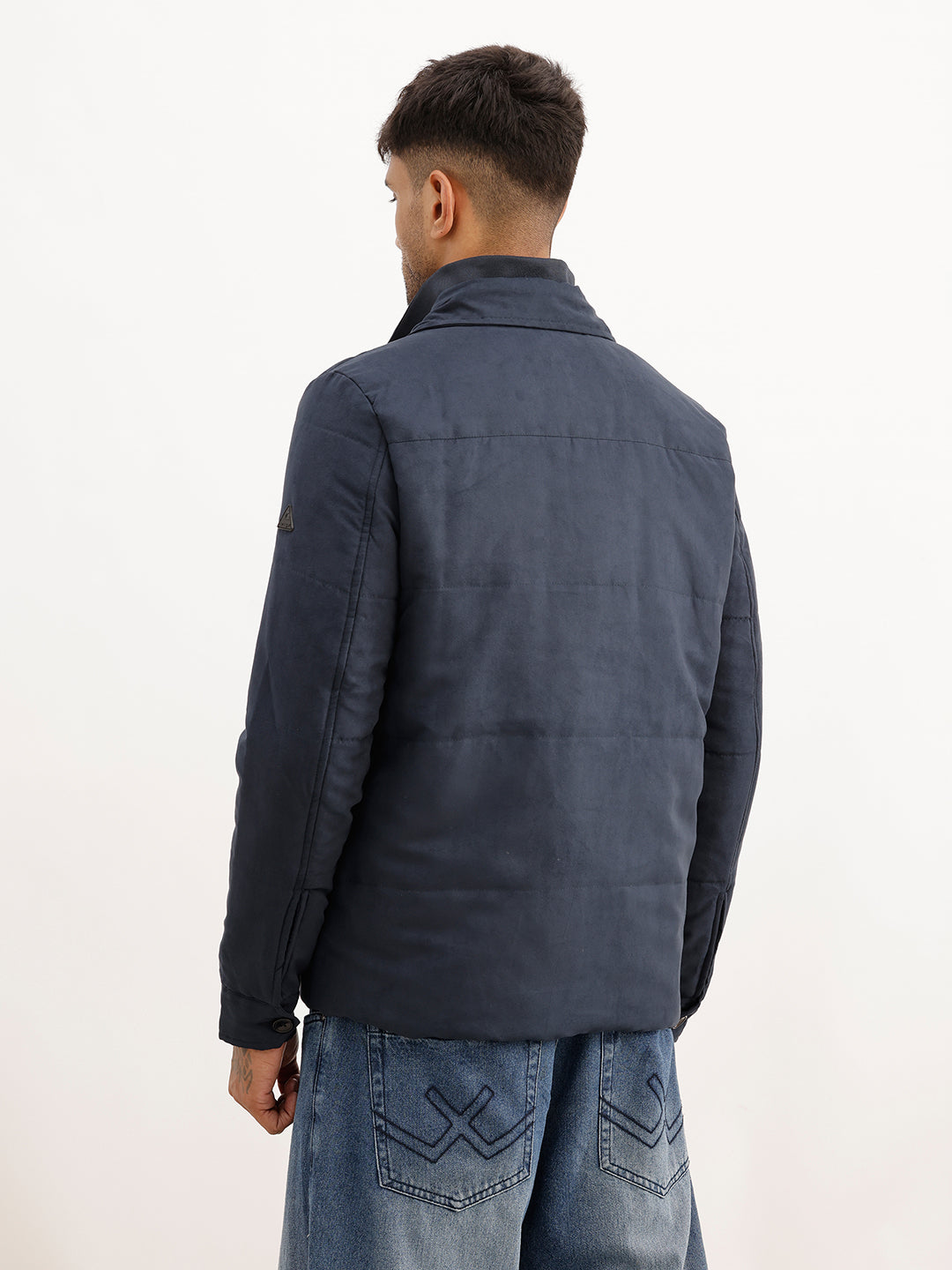 Solid Regular Fit Puffer Jacket | Navy Blue