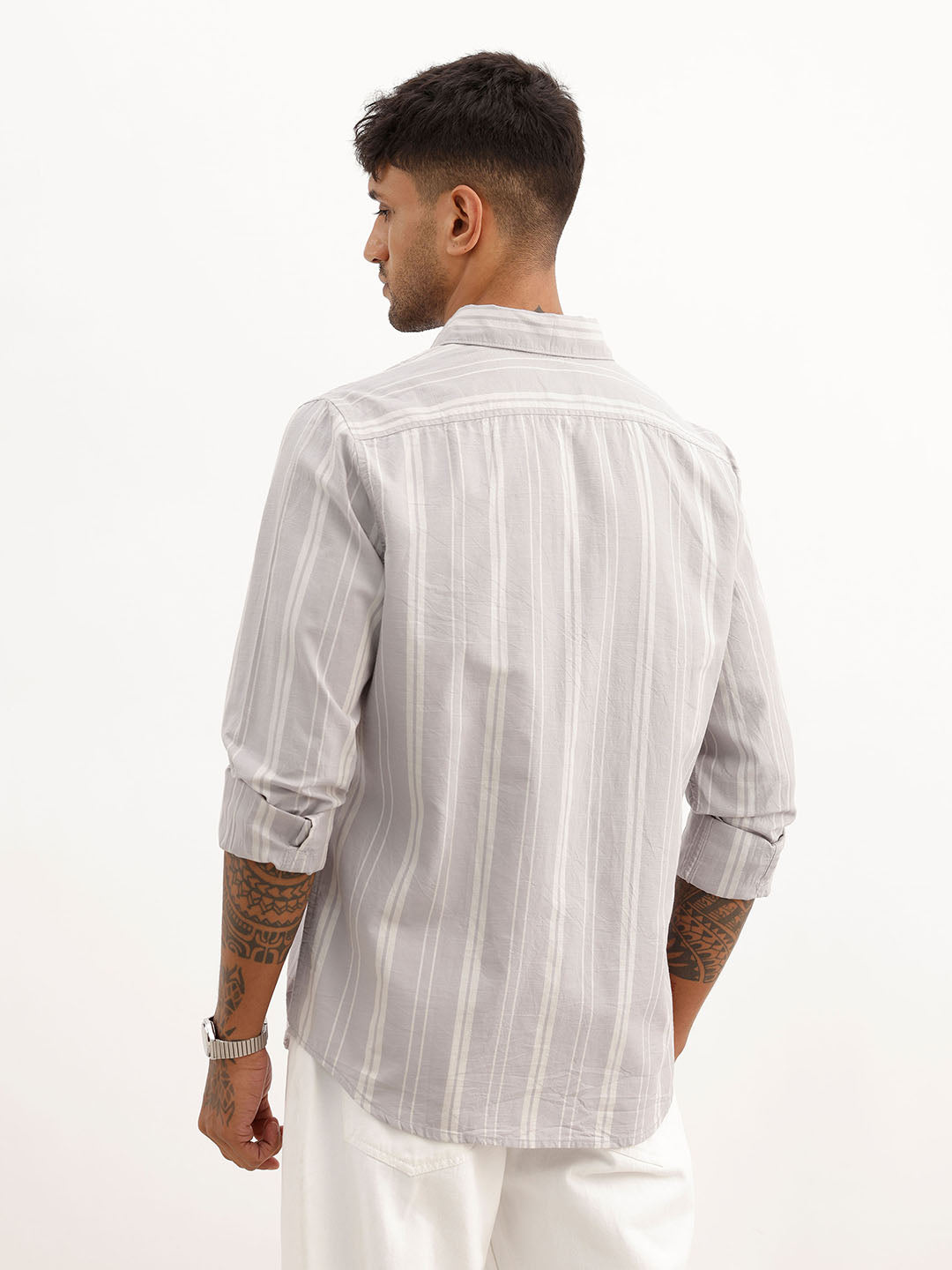 Slim Fit Striped Embroidered Detail Shirt | Grey