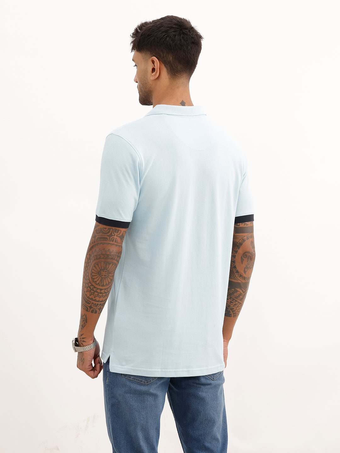 Slim Fit Contrast Sleeve Polo T-Shirt | Light Blue