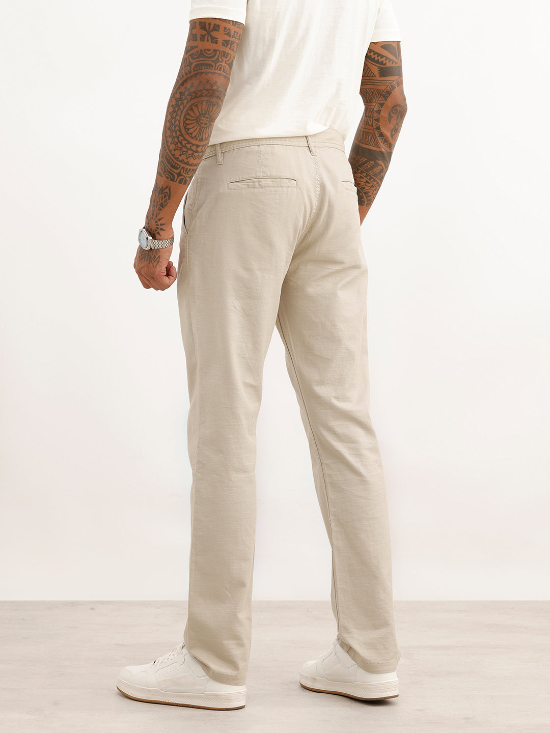 Solid Straight Fit Cotton Trousers | Off White