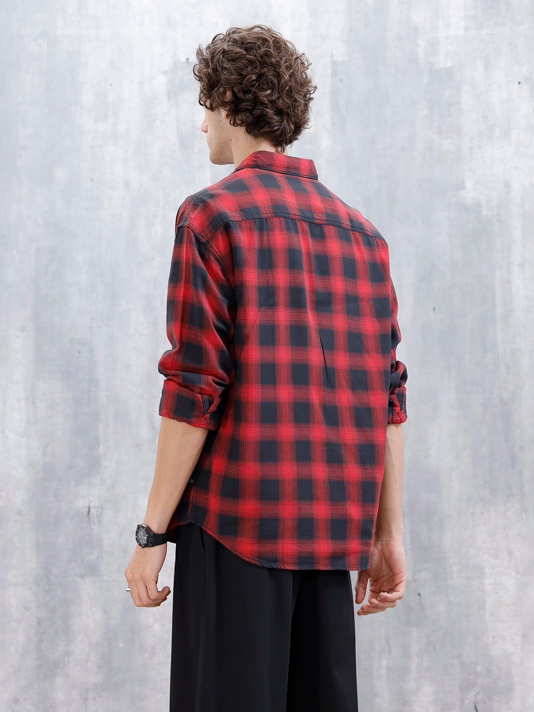 Wrogn Men's Drop-Shoulder Checked Oversized Casual Shirt | Red