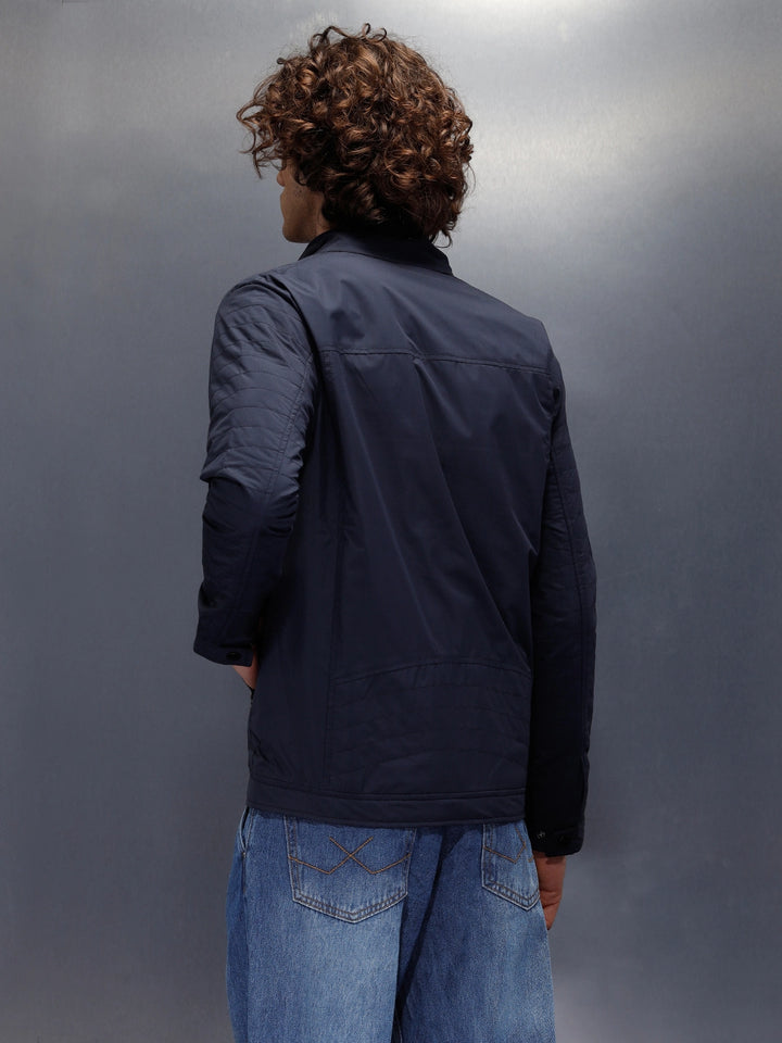 Nylon Regular Fit Classic Biker Jacket | Navy Blue