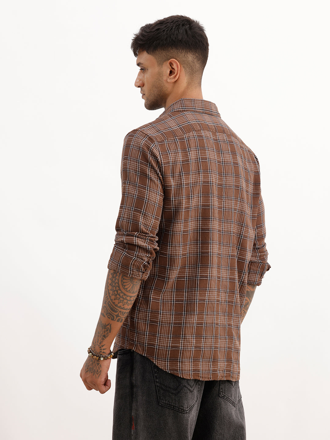 Slim Fit Checkered Full Sleeve Shirt | Brown