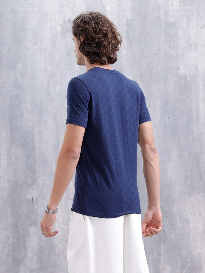 Geometric Jacquard Slim Fit Cotton Blend Shirt | Navy Blue