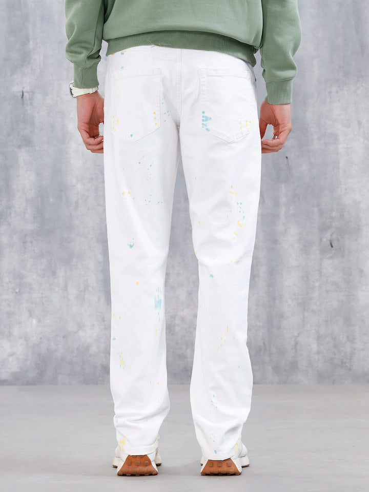 Men's Causal Straight Fit Splatter Effect Jeans | White