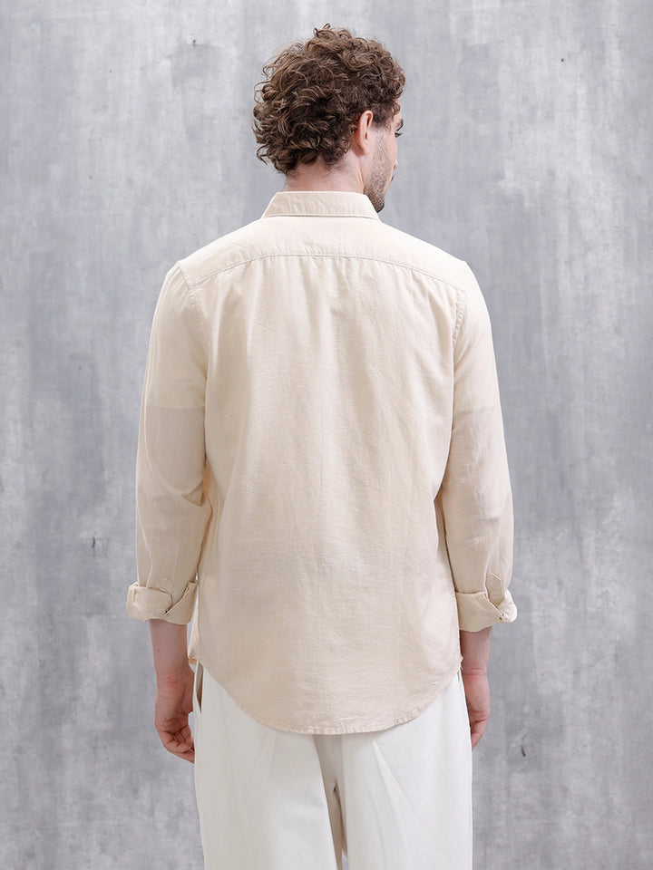 Solid Linen Blend Slim Fit Shirt | Beige