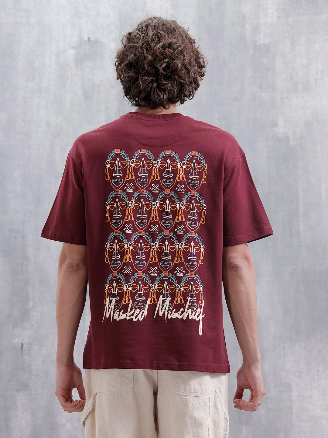 Mythical Faces Oversized Cotton Back Print T-Shirt | Maroon