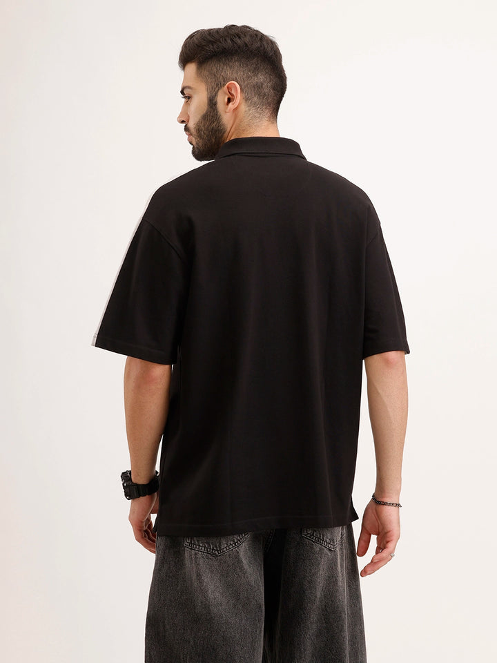 Oversized Placement Printed Polo T-Shirt | Black