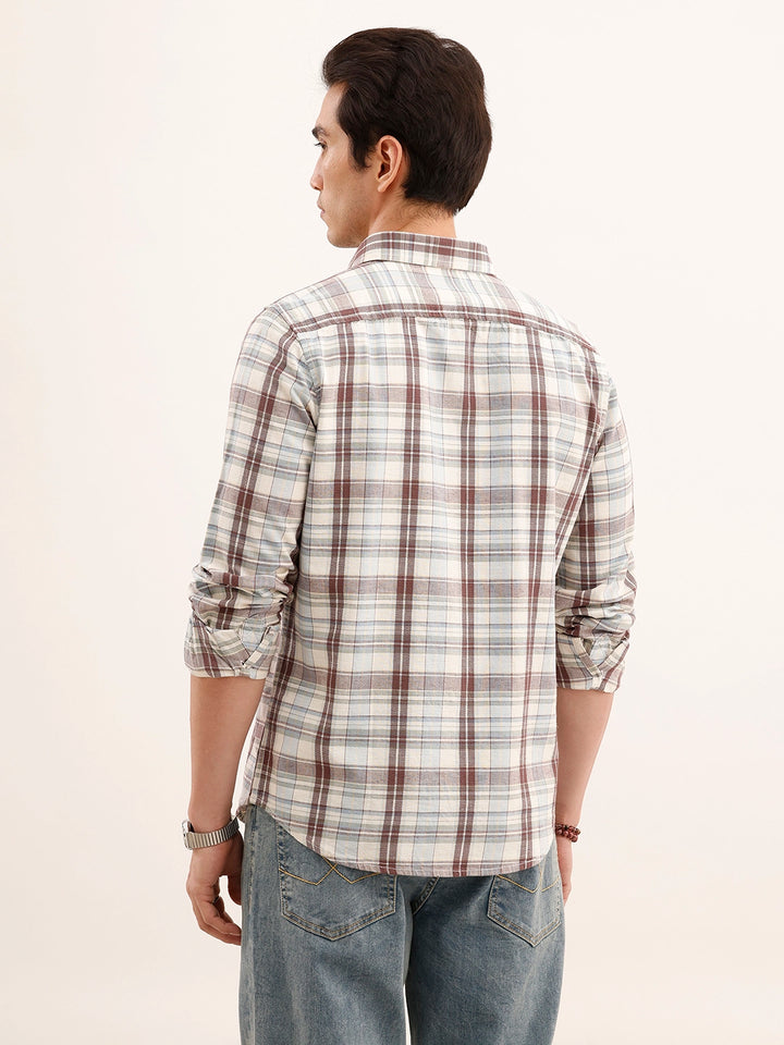 Slim Fit Checkered Linen Shirt | Brown