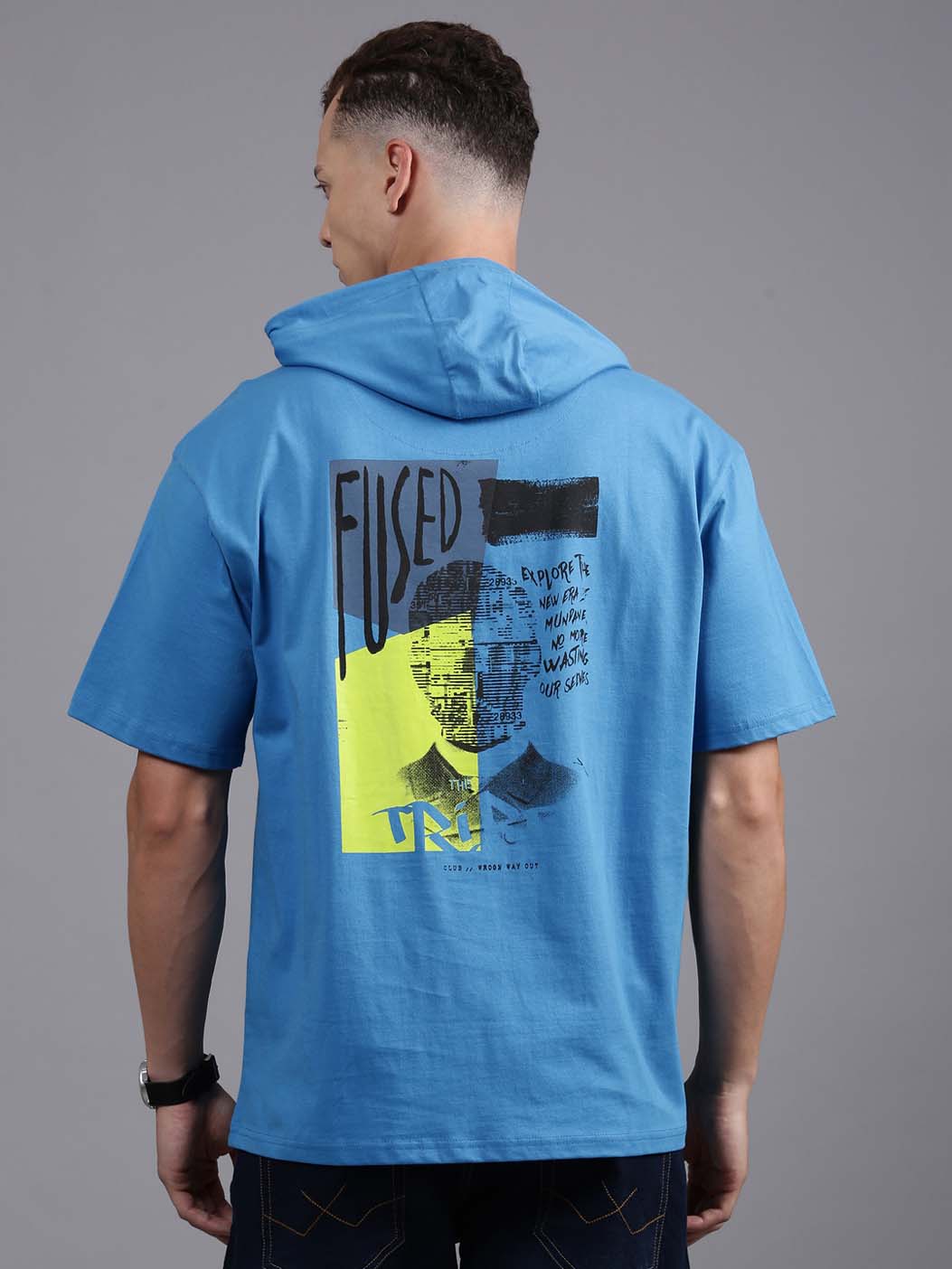 Blue Hooded Back Print T-Shirt