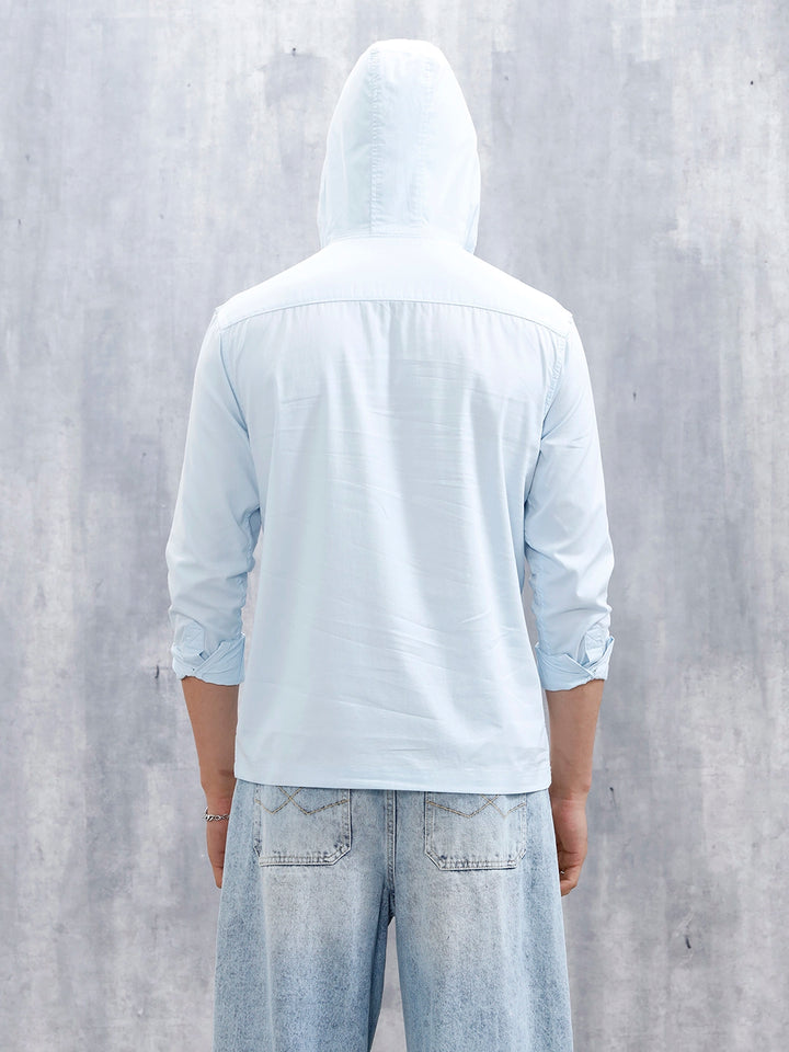 Wrogn Men's Casual Hooded Henley Shirt | Light Blue