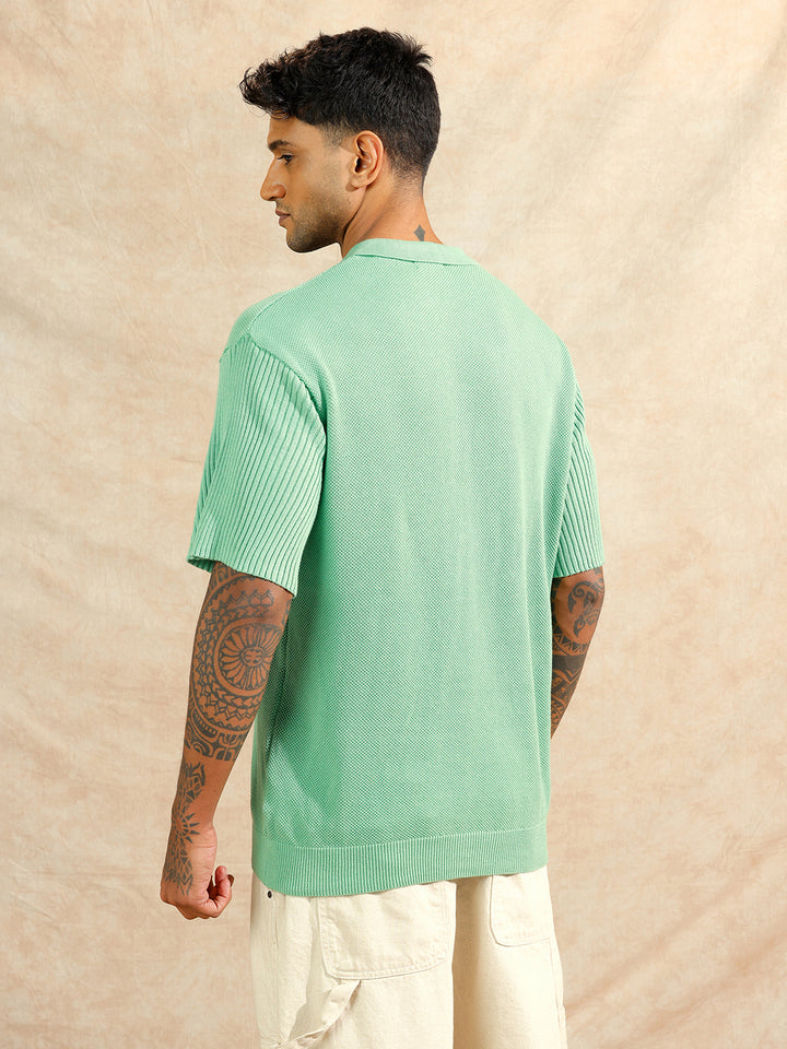 Solid Textured Flat Knit Polo T-Shirt | Green