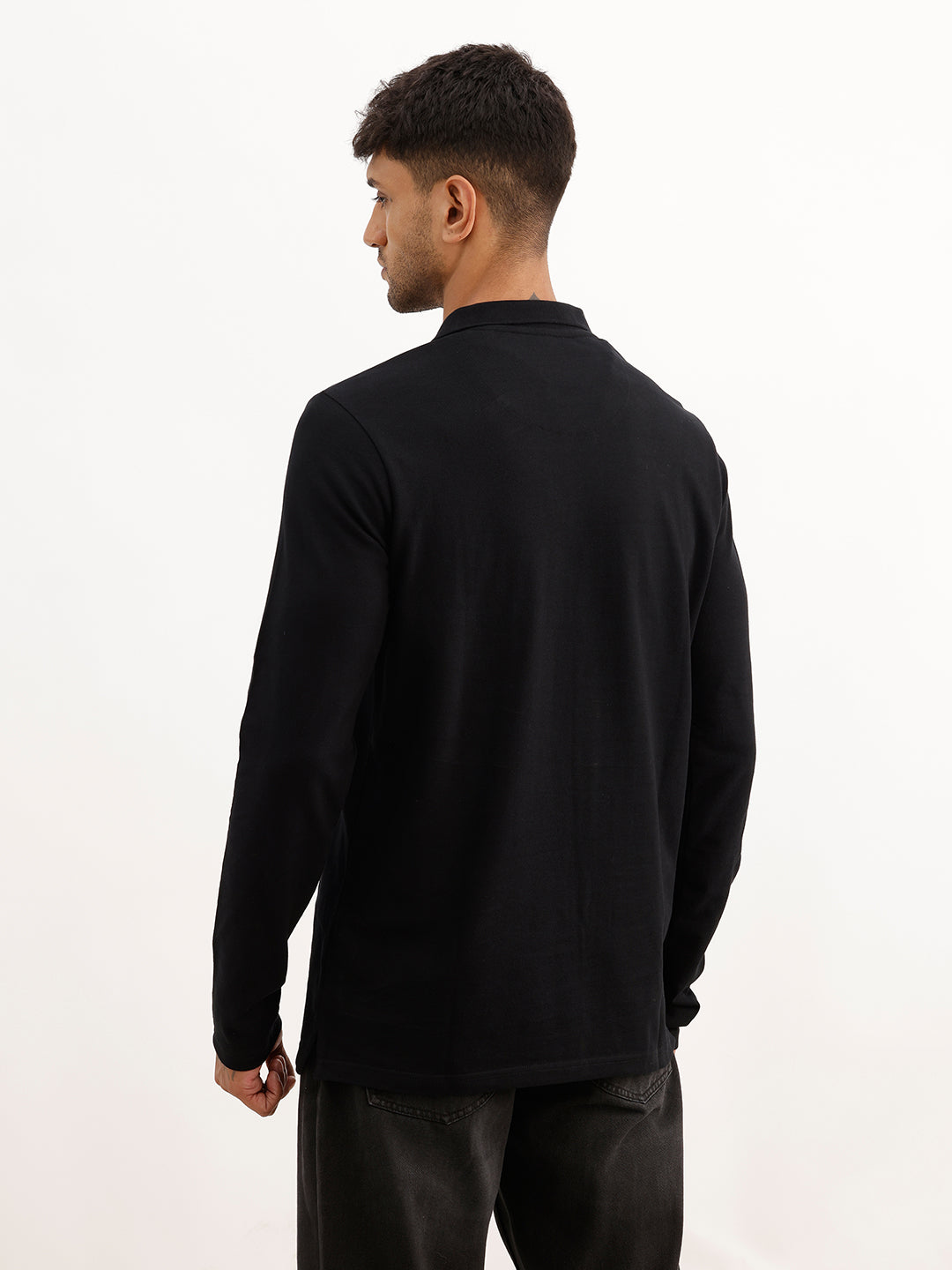 Slim Fit Full Sleeve Placement Printed Polo T-Shirt | Black