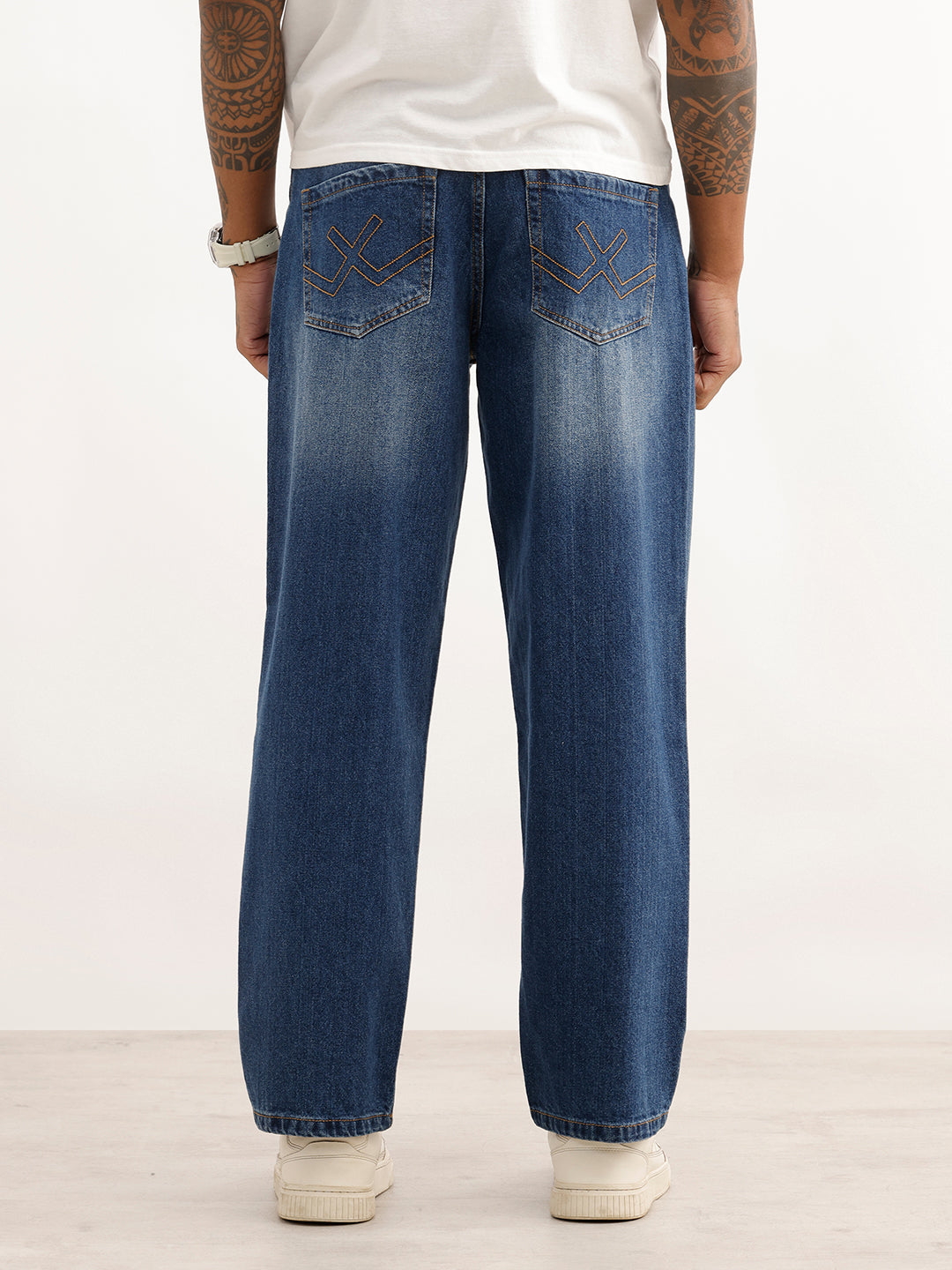 Loose Fit Embroidery Detail Denim Jeans | Blue