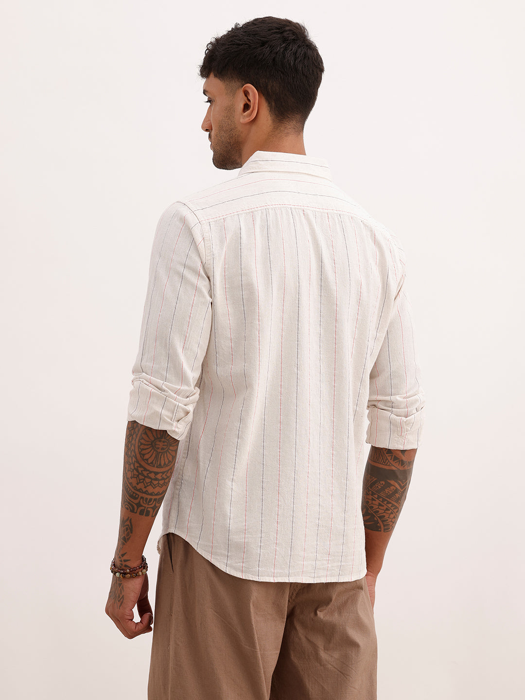 Classic Striped Linen Blend Shirt | Beige | WWSH0696MAZ