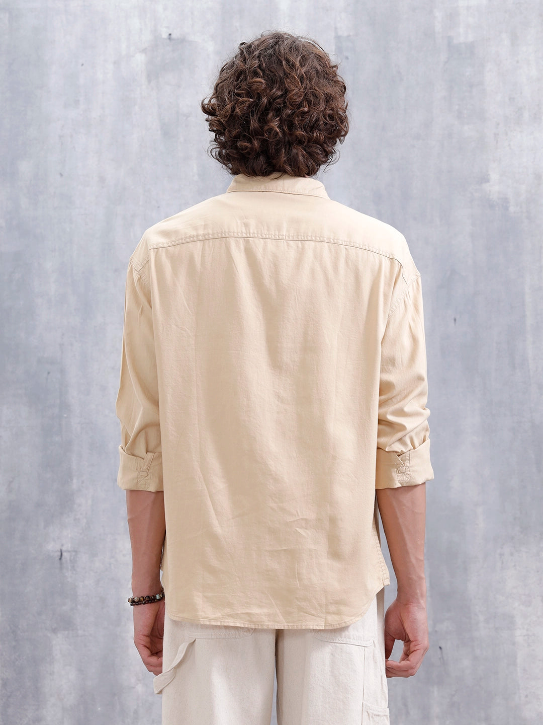 Oversized Fit Double Pocket Solid Shirt | Beige