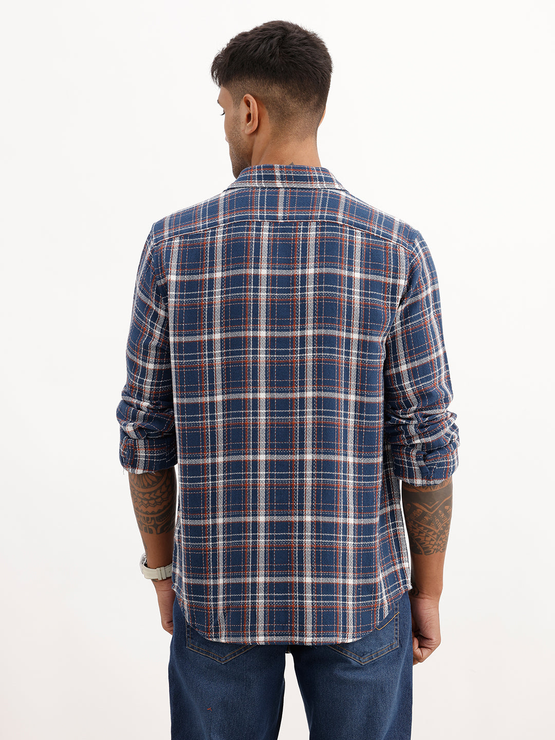 Slim Fit Checkered Full Sleeve Shirt | Navy Blue