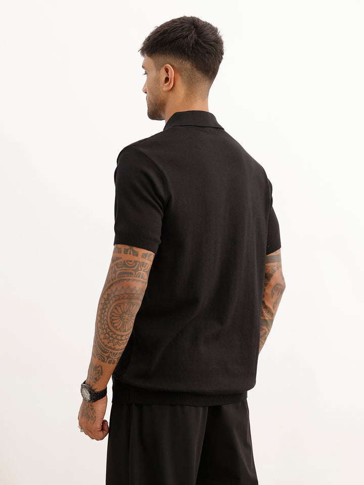Solid Textured Quater Zipper Polo T-Shirt | Black
