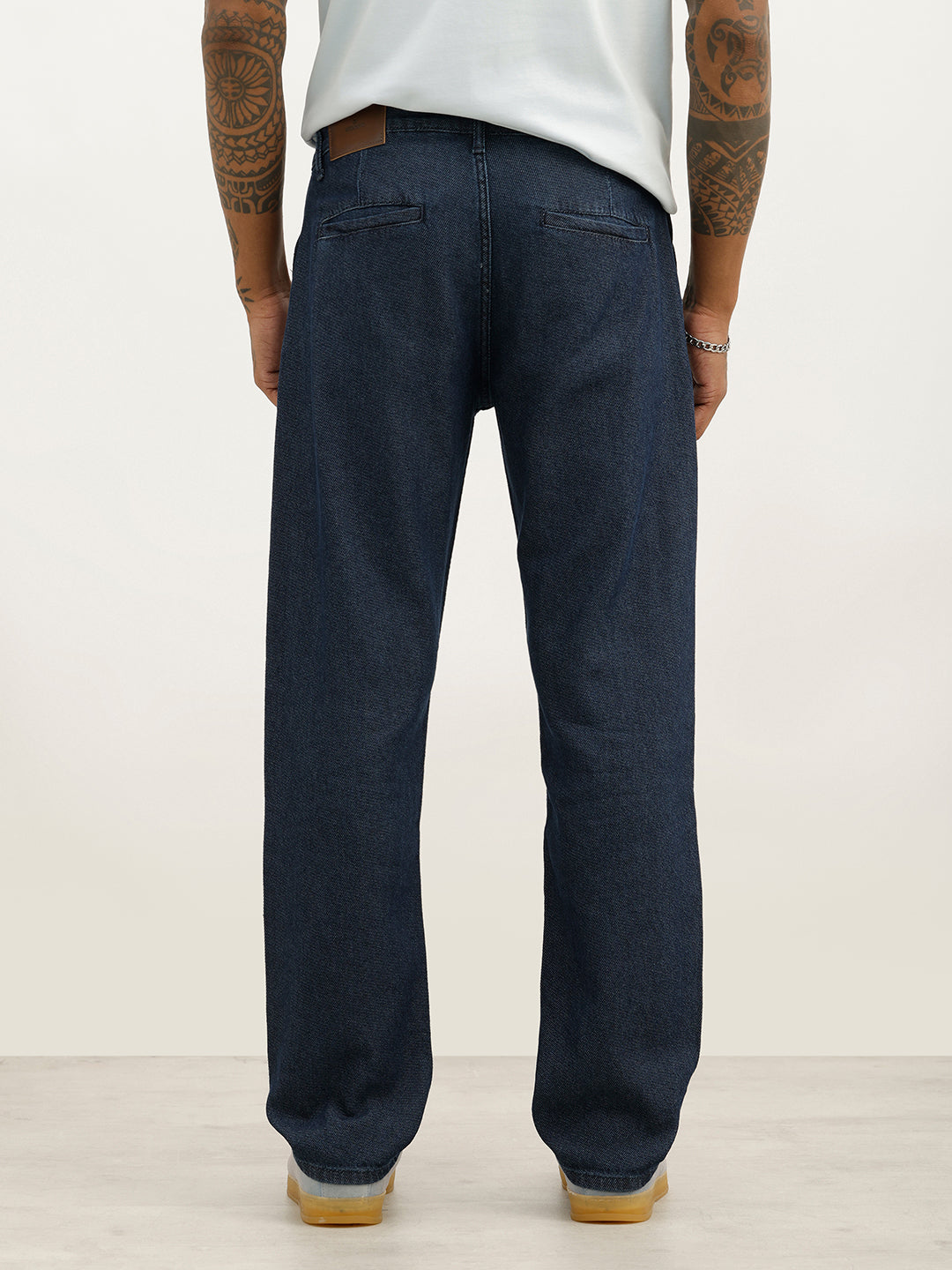 Solid Anti Fit Pleated Denim Jeans | Dark Blue