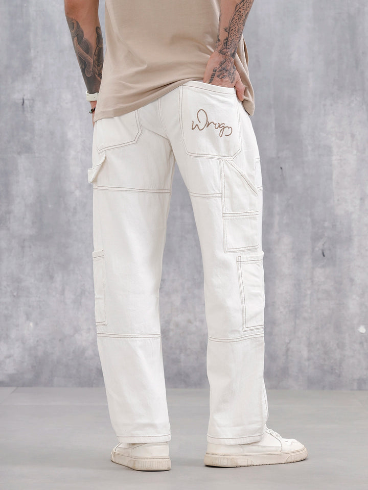 Men's Casual Loose Fit Carpenter Jeans | White