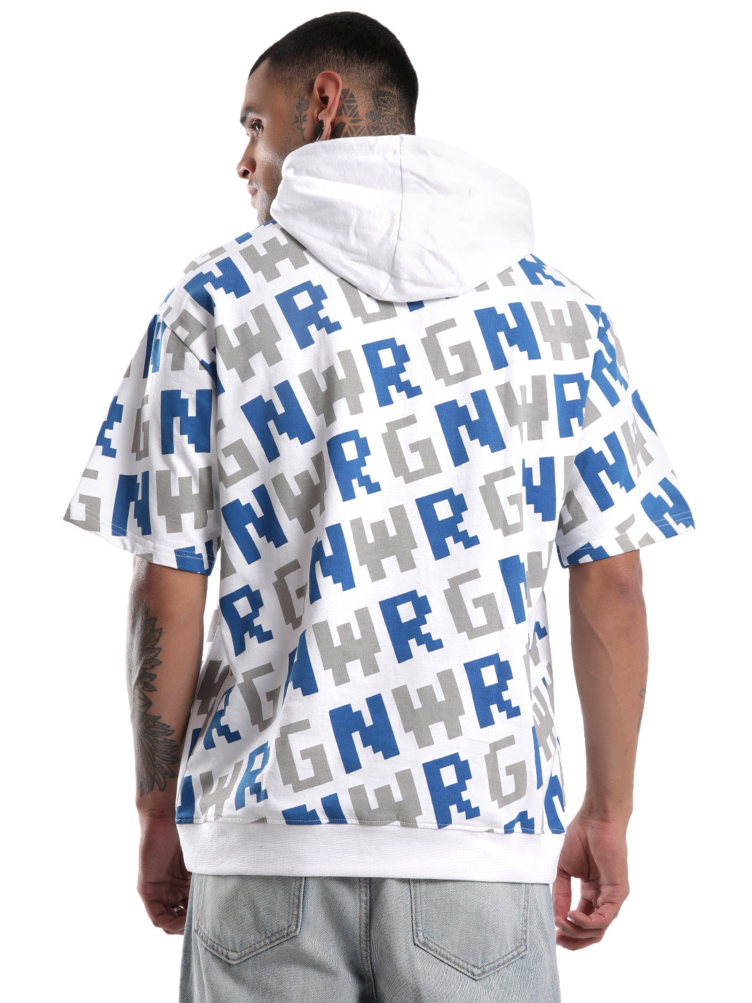 White AOP Hooded Oversized T-Shirt