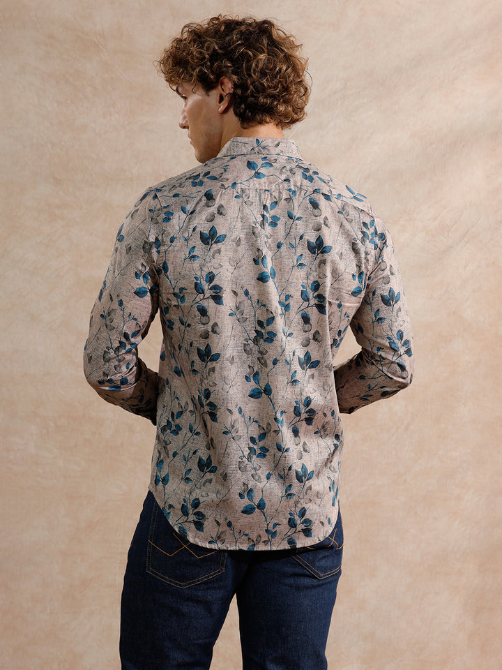 Printed Satin Slim Fit Shirt | Khaki