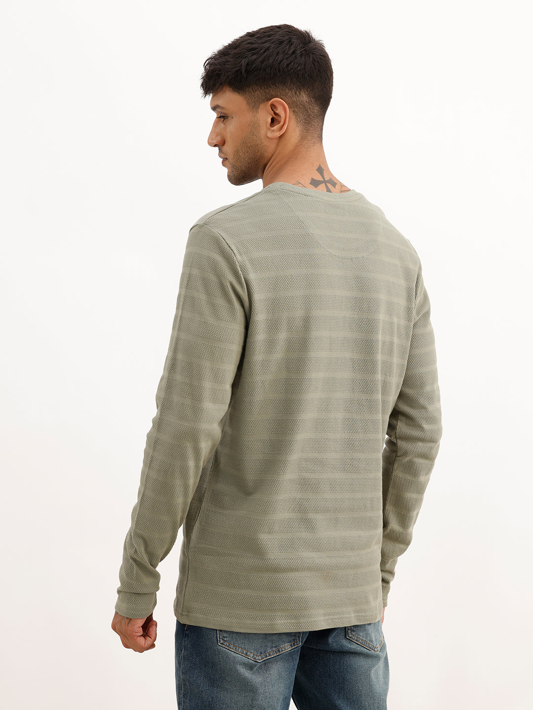 Textured Slim Fit Full Sleeve T-Shirt | Green