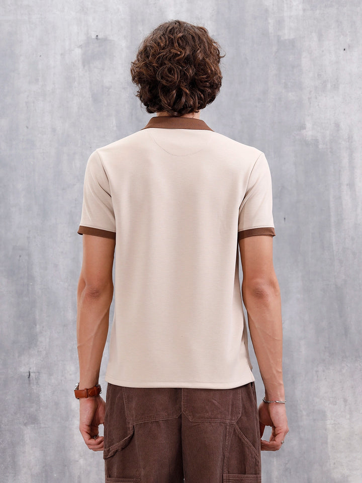 Men Slim Fit Polo Collar T-Shirt With Contrast Collar | Beige
