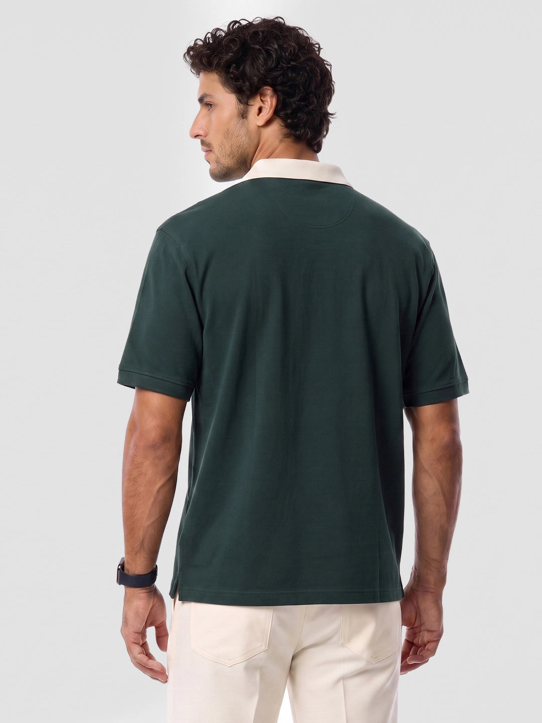 Oversized Contrast Collar Polo T-Shirt | Dark Green