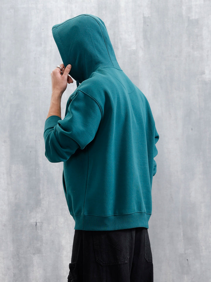 Oversized Brushed Fleece Hoodie With Tonal Flock Print | Teal